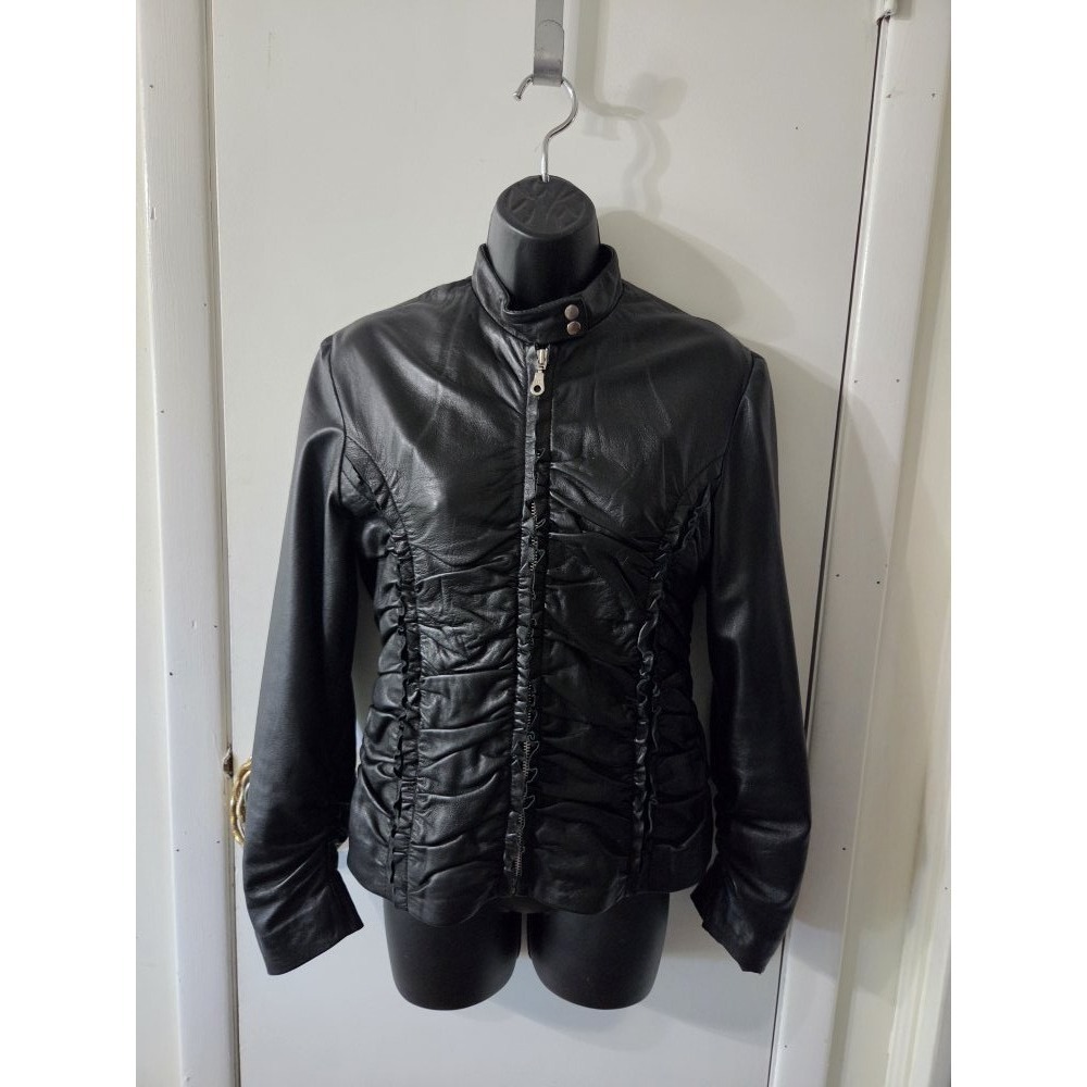 White House Black Market Leather Ruffled Collared Full Zip Moto Jacket Small